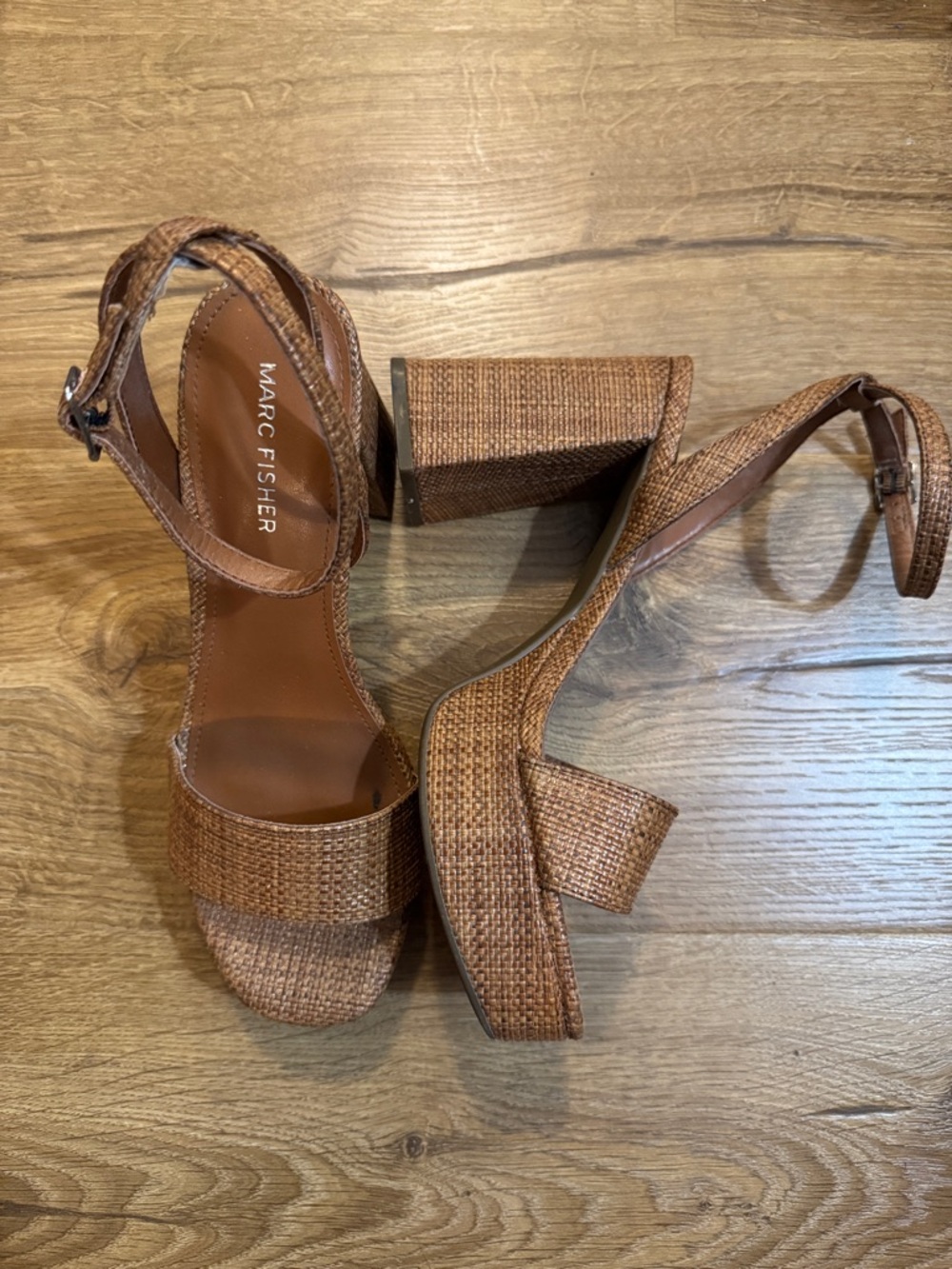 Marc Fisher Tan Woven Platform Sandals with Ankle Strap